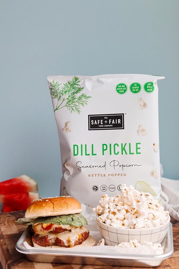 Safe + Fair Plant Based Gourmet Dill Pickle Seasoned Popcorn - Dill Pickle Seasoned Popcorn Non-GMO + Gluten Free + Vegan + Kosher Snacks (3 oz bag - 6 pack case)