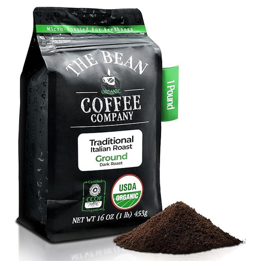 The Bean Organic Coffee Company Il Chicco (Traditional Italian Roast), Dark Roast, Ground Coffee, 16-Ounce Bag,Café molido tostado organico