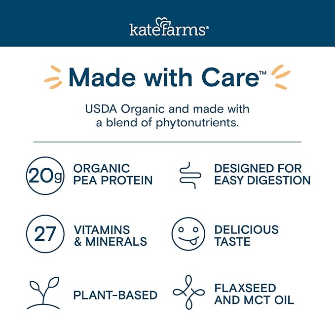 KATE FARMS Organic 1.4 High Calorie Nutrition Shake, Vanilla, 20g Protein, 27 Vitamins and Minerals, Meal Replacement, 11 oz (6 Pack)