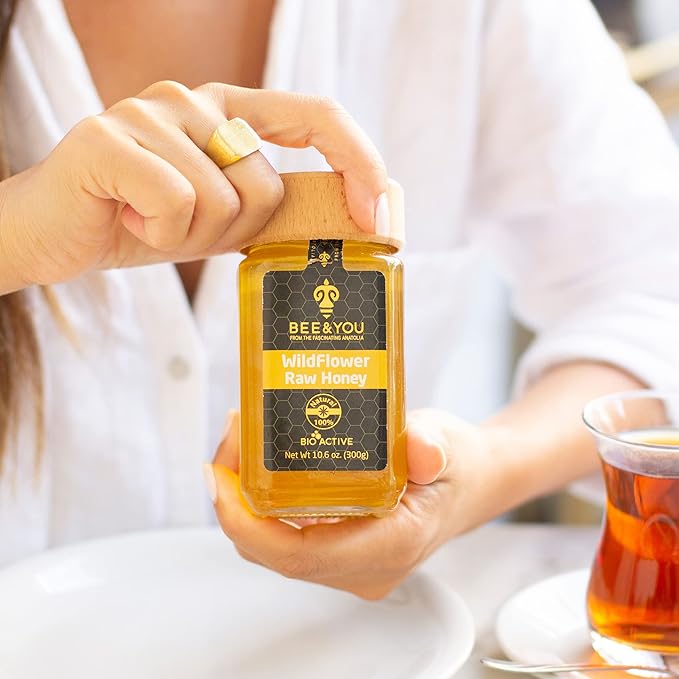Bee and You Raw Wildflower Honey, 100% Natural, Wildcrafted, Polyflora and Unprocessed, Active Enzymes, Antioxidants, OU Kosher, Paleo, Gluten-Free, 10.6 oz