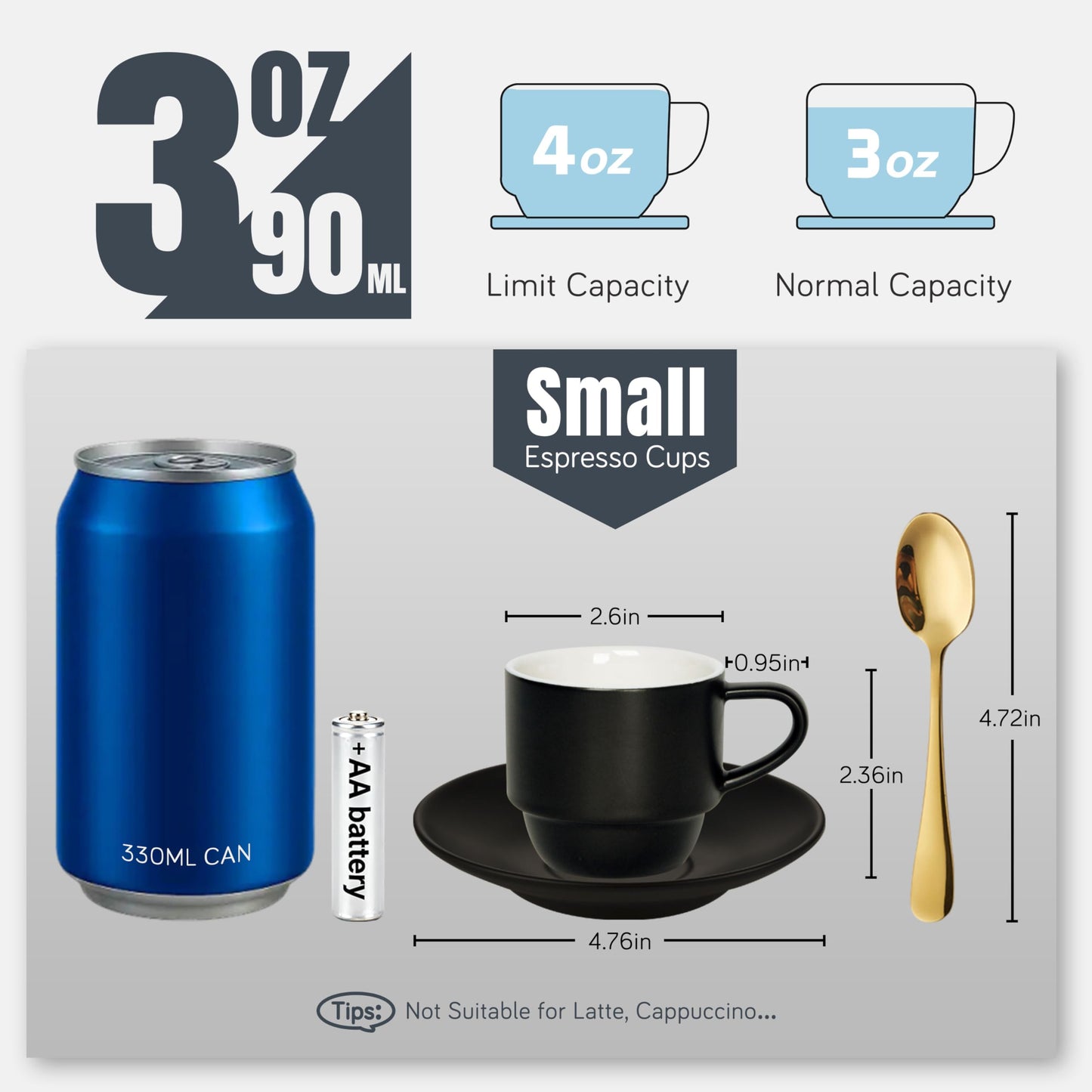 Lareina 3-Ounce Espresso Cups Set of 4, Small Stackable Coffee Cups with Saucers, Spoons and Metal