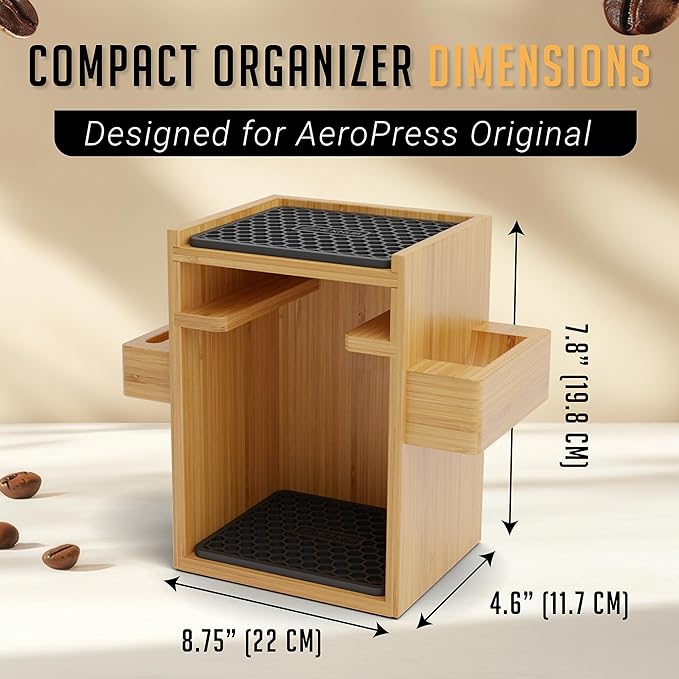 HEXNUB ??Compact AeroPress Organizer Stand, Bamboo Coffee Caddy for AeroPress Coffee Maker, Accessories, Filters, Cups, Includes Mats - Black