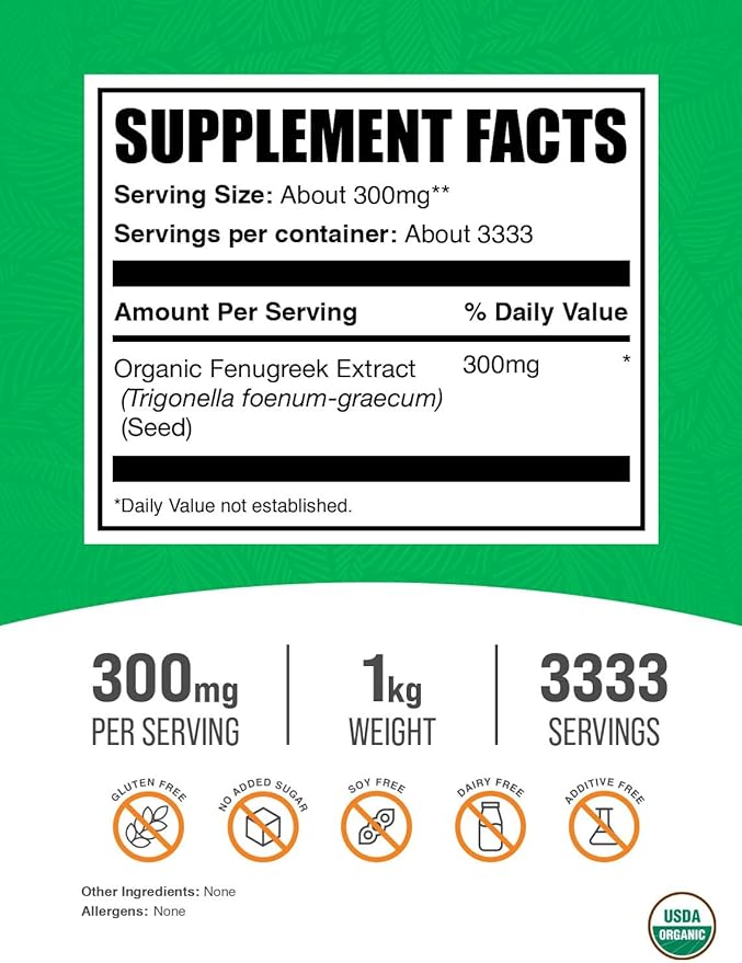 BulkSupplements.com Organic Fenugreek Extract Powder - Herbal Supplement, from Fenugreek Seeds - Gluten Free, 300mg per Serving, 1kg (2.2 lbs) (Pack of 1)