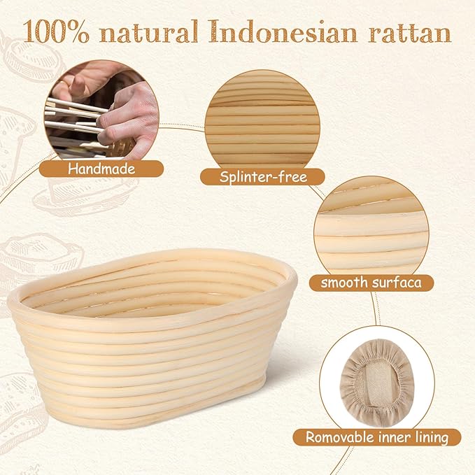 Gejoy Oval Banneton Bread Proofing Basket Set of 8, Sourdough Bread Baking Bowl Kit with Cloth Liners and Dough Scrapers Natural Rattan Banneton Sourdough Bowl Basket for Bakers(8 Inch)
