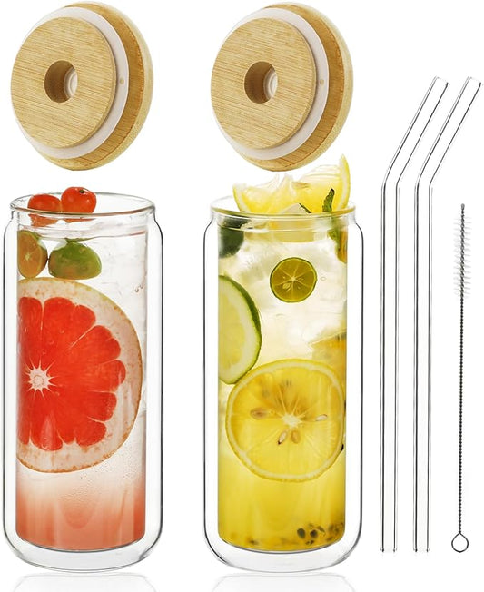 LIBWYS 16oz Double Wall Drinking Glass Cups with Bamboo Lids and Straws, 2 Pc Set ??Condensation Resistant Insulated Glass Can Tumblers for Cold Drinks, Iced Coffee, Tea, Juice, Cleaning Brush