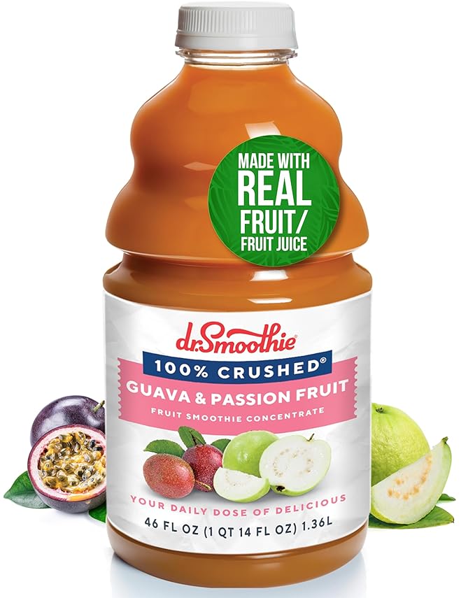 Dr. Smoothie 100% Crushed Guava & Passion Fruit ??No Added Sugar, Made with Real Fruits/Fruit Juice ??Vegan, No Artificial Colors or Flavors ??White Guava with Citrus & Passion Fruit ??46 oz Bottle