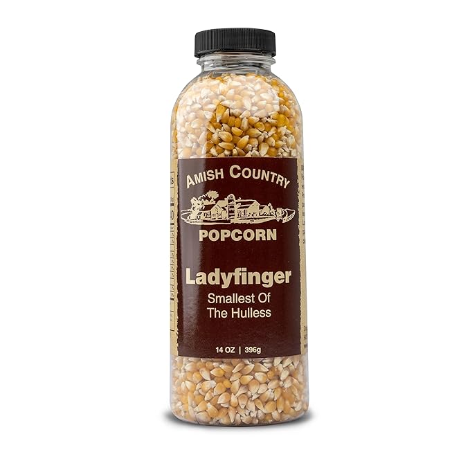 Amish Country Popcorn | 14 oz Bottle | Ladyfinger Popcorn Kernels | Old Fashioned, Non-GMO and Gluten Free (14 oz Bottle)