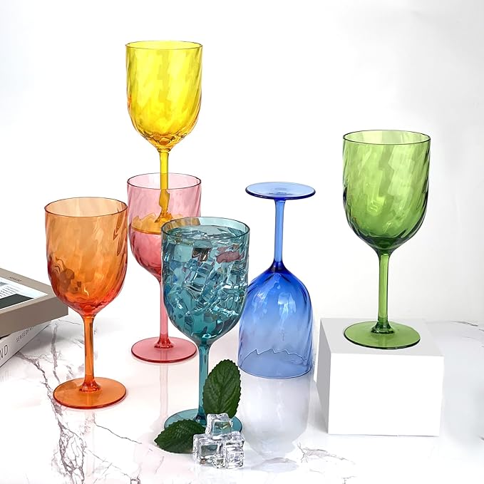 Yalin Set of 6 Unbreakable 12 oz Acrylic Plastic Wine and Water Tumbler Stackable Goblets. (Multicolor, 15 oz)