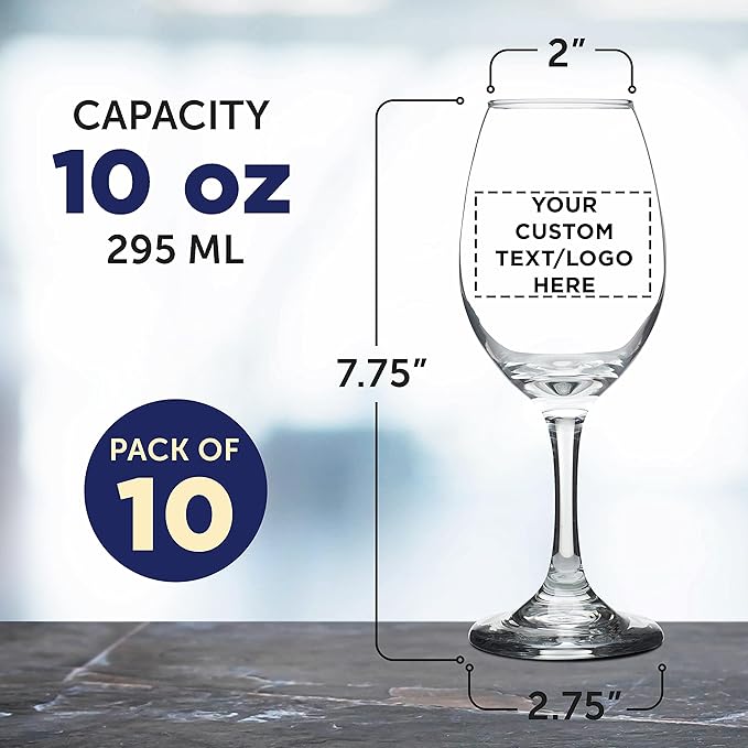 Custom Rioja Wine Glasses with Stem 10 oz. Set of 10, Personalized Bulk Pack - Color Bottom, Perfect for Wedding, Party Favors, Birthday, Bridal Shower Gifts - Clear