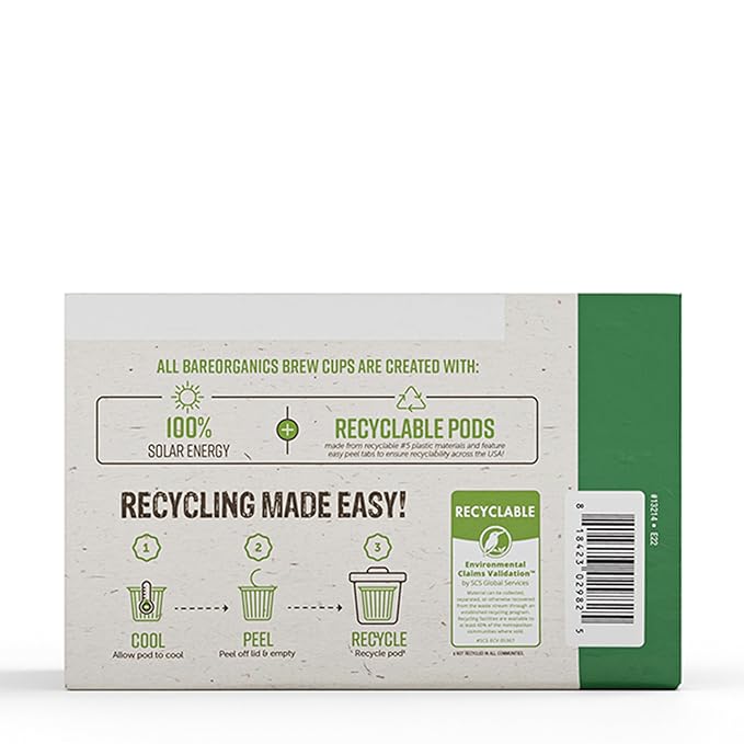 BareOrganics Energy Medium Roast Coffee, Organic, 10 K-Cup Pods, Superfoods & Probiotics Infused, Vegan, Gluten Free, 10 Single Serve Cups