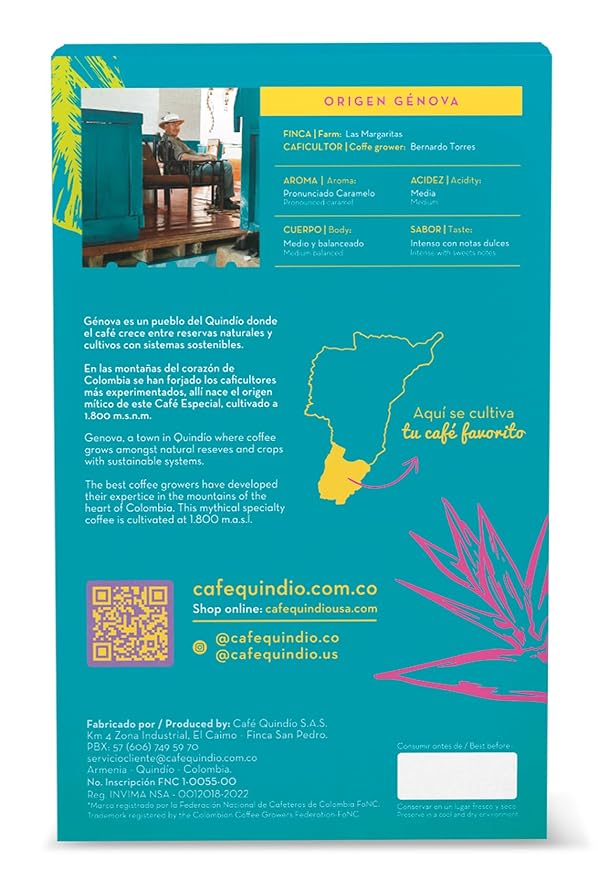 Cafe Quindio Genova Single Origin - Medium Roast 100% Colombian Excelso Ground Arabica Coffee - 12 Ounce Bag (340g)