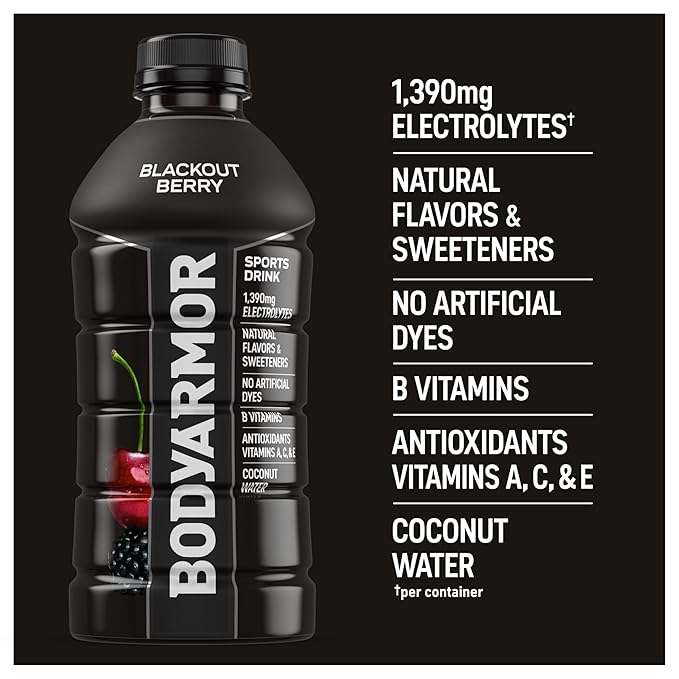 BODYARMOR Sports Drink Sports Beverage, Blackout Berry, Coconut Water Hydration, Natural Flavors With Vitamins, Potassium-Packed Electrolytes, Perfect For Athletes, 28 Fl Oz (Pack of 15)