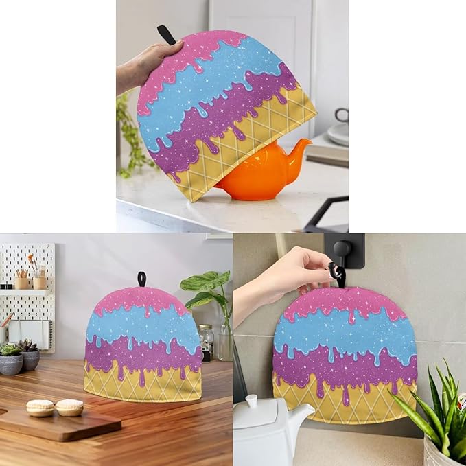 Delicious Ice Cream Print Tea Cozy for Teapot Insulated Kettle Dust Cover Fabric Tea Pot Cover Portable Easy to Clean for Hotel Restaurant Party