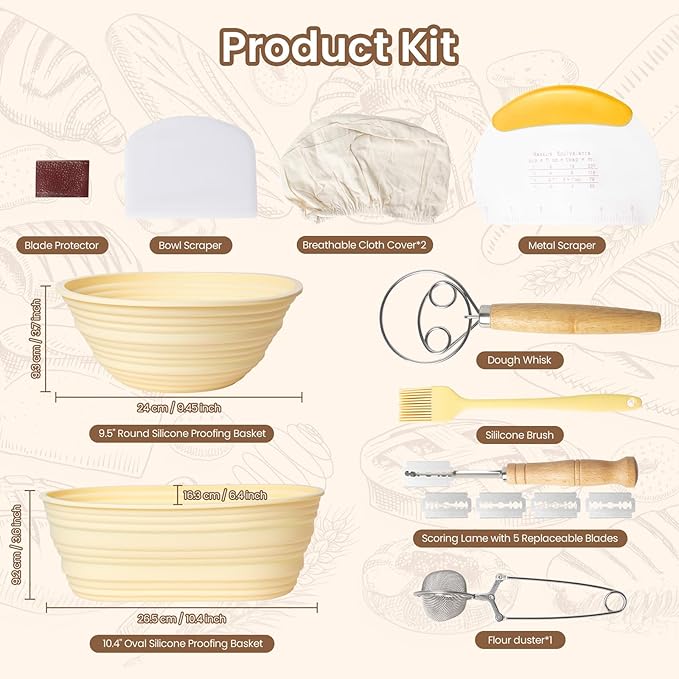 Banneton Bread Proofing Basket - 9.5 Inch Round & 10.4 Inch Oval Foldable Proofing Baskets Set of 2 with Liners for Professional & Home Artisan and Starter Kit with Bread Making Tools, Yellow