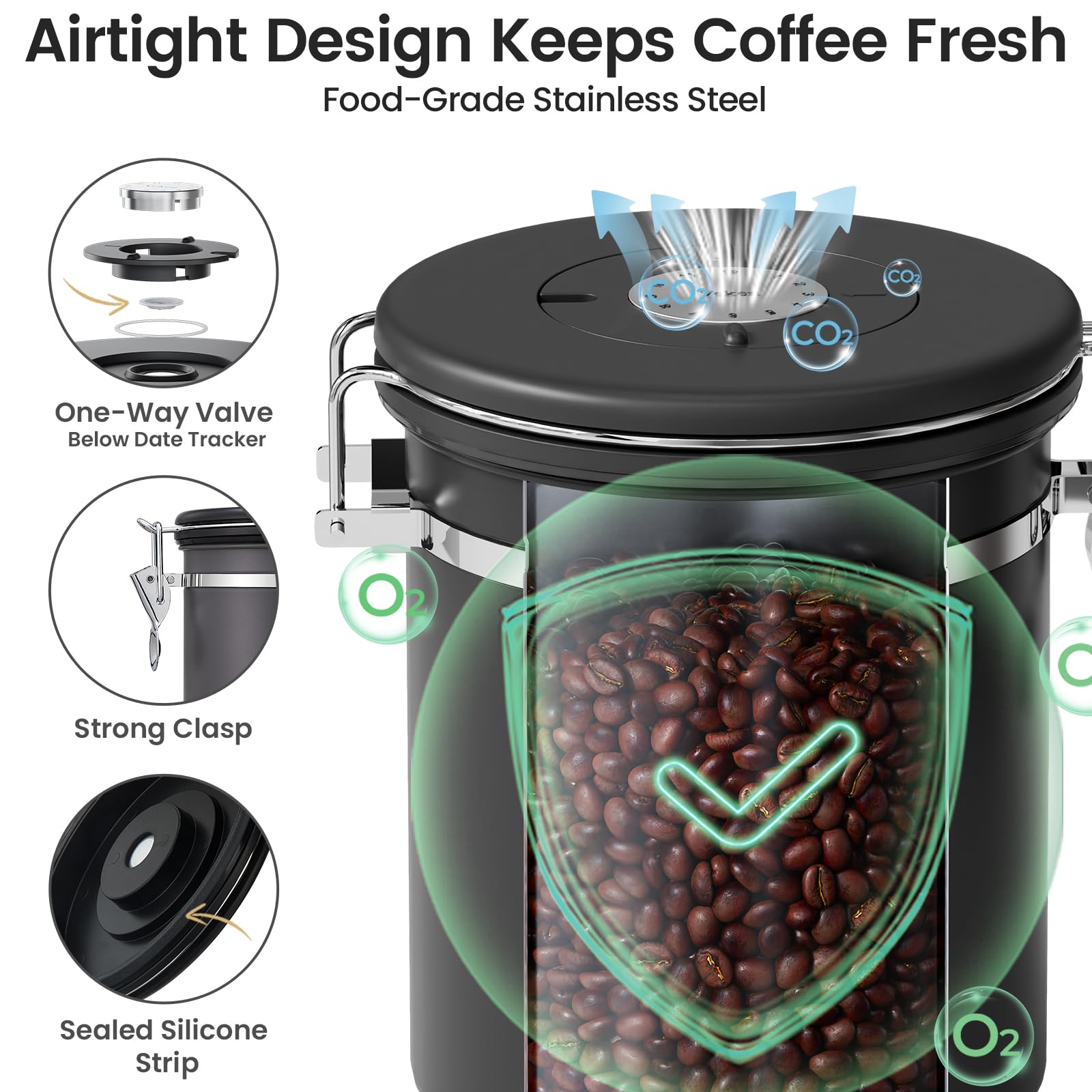 Veken Coffee Canister with Window, Airtight Stainless Steel Container, 16OZ