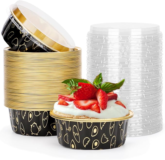 Beasea 8oz Disposable Cupcake Cups with Lids, 50 Pack Ramekins Foil Cupcake Cups Black Gold Aluminum Foil Cups Creme Brulee Muffin Cupcake Baking Cup Mini Pudding Cake Tins for Party Wedding Birthday