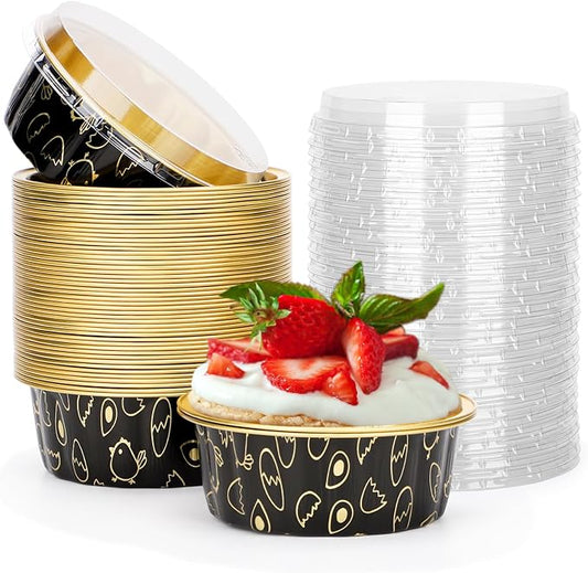 Beasea 8oz Disposable Cupcake Cups with Lids, 50 Pack Ramekins Foil Cupcake Cups Black Gold Aluminum Foil Cups Creme Brulee Muffin Cupcake Baking Cup Mini Pudding Cake Tins for Party Wedding Birthday