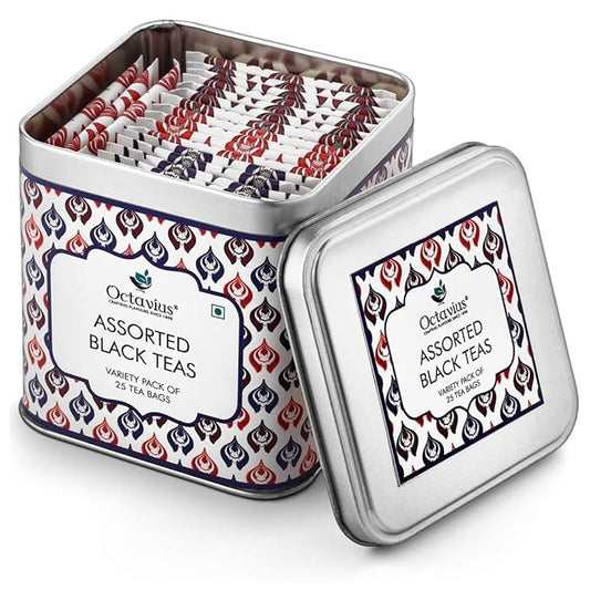 Octavius Assorted Black Tea Sampler Pack ??25 Tea Bags, 3 Flavors: Darjeeling, Assam, Indian Masala | Premium Black Tea Variety Pack
