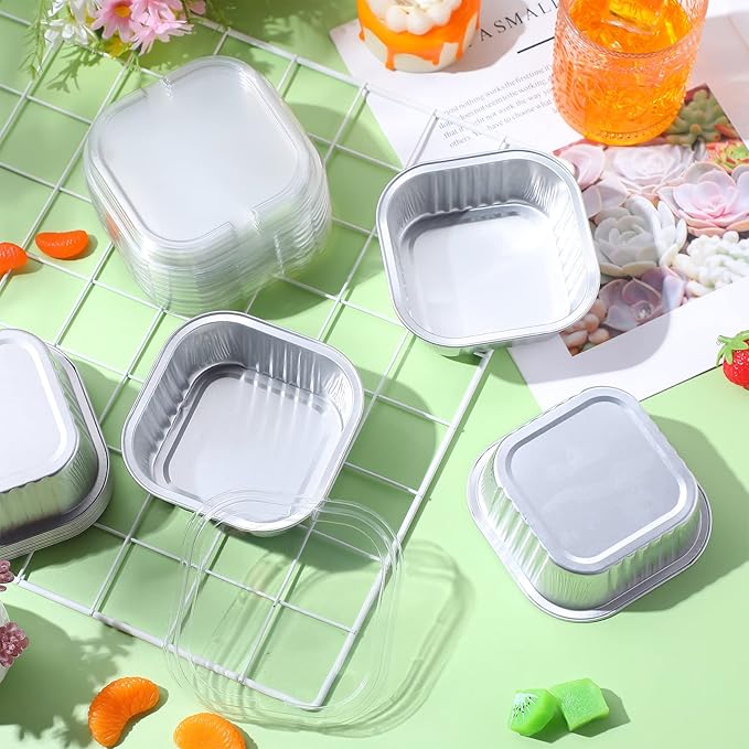 Aoriher 150 Pieces 10 oz Mini Cake Pans with Lids Aluminum Foil Baking Cups Square Disposable 4" x 4" Large Cupcake Cups Baking Tins for Kitchen Brownie Pudding Desserts Holders(Silver)