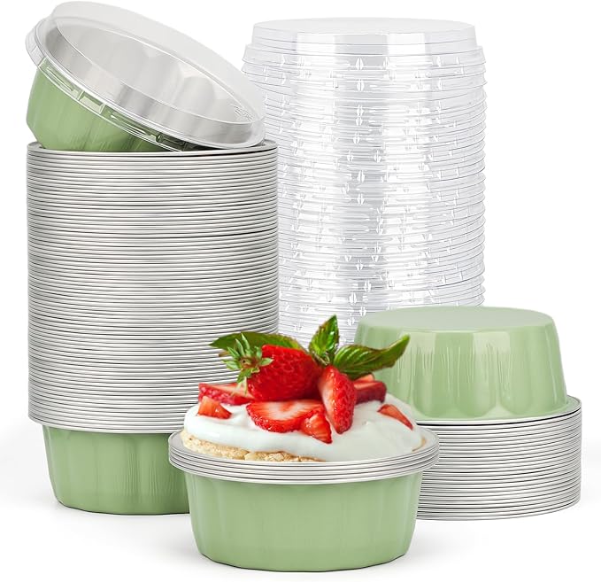 Beasea Disposable Ramekins 8oz, 100 Pack Pea Green Aluminum Foil Cups with Lids, Disposable Creme Brulee Muffin Cupcake Baking Cup Mini Pudding Cups for Party Wedding Birthday