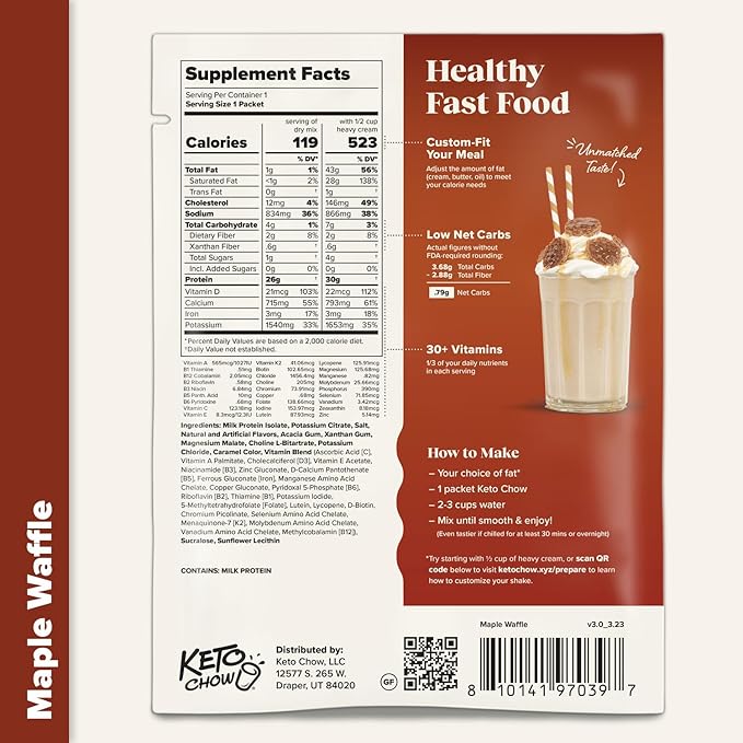Keto Chow Maple Waffle | Keto Meal Replacement Shake Powder | Nutritionally Complete Keto Food | Low Carb Keto Meals | Delicious Easy Meal Substitute Drink | Protein Rich You Choose The Fat | Single Meal Sample