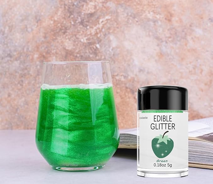 Green Edible Glitter Glimmer Powder for Cakes Drinks - Colaele 5 grams Food Grade Luster Dust Metallic Food Decorating Sprinkle Disco Brew Dust for Cake Decorations Wine Beverage Candy Dessert, Vegan