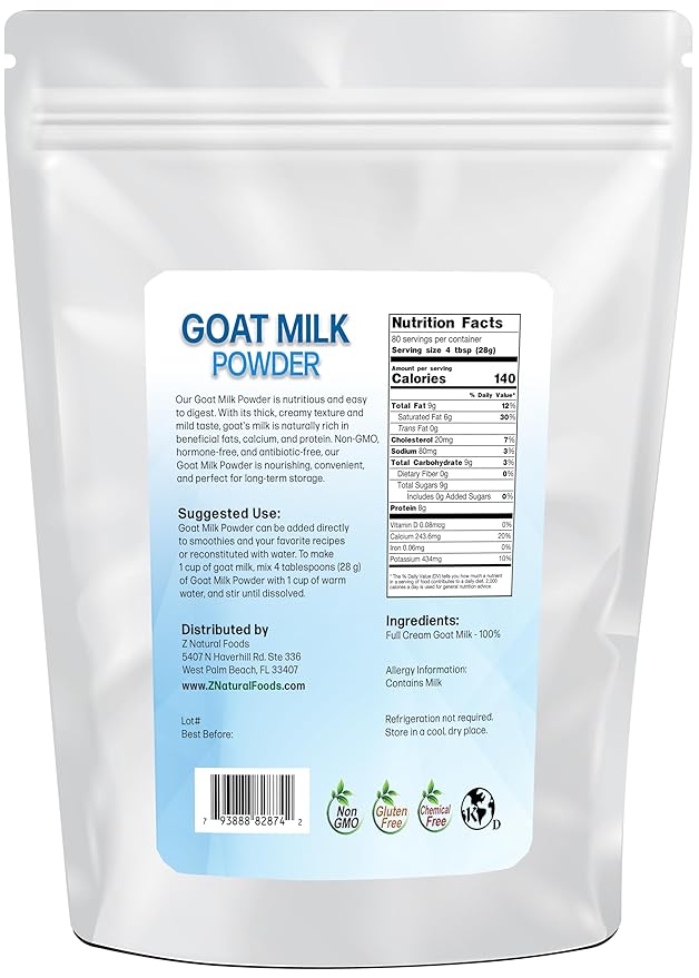 Z Natural Foods Goat Milk Powder - Pure Netherlands Full Cream Milk, Powdered Goat Milk, Highly Nutritious, Easy Digestion - Whole Goats Milk for Adults for Smoothies, Cooking, Baking, 5 lbs