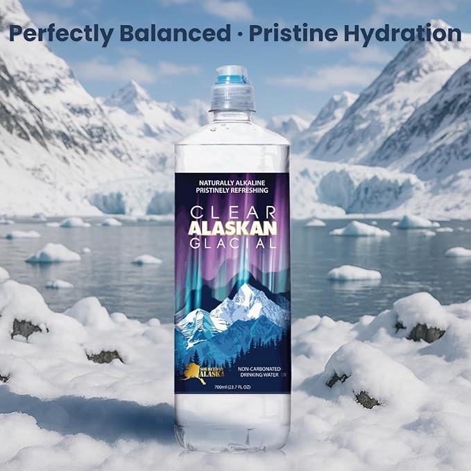 Clear Alaskan Fresh Glacier Water - Naturally Alkaline Glacial Water, rich in Minerals and Electrolytes - Convenient Sport Cap Bottle | 23.7 Fl Oz (700 ml) - Pack of 12 | Pristine and bottled at the source in BPA-free plastic bottles.