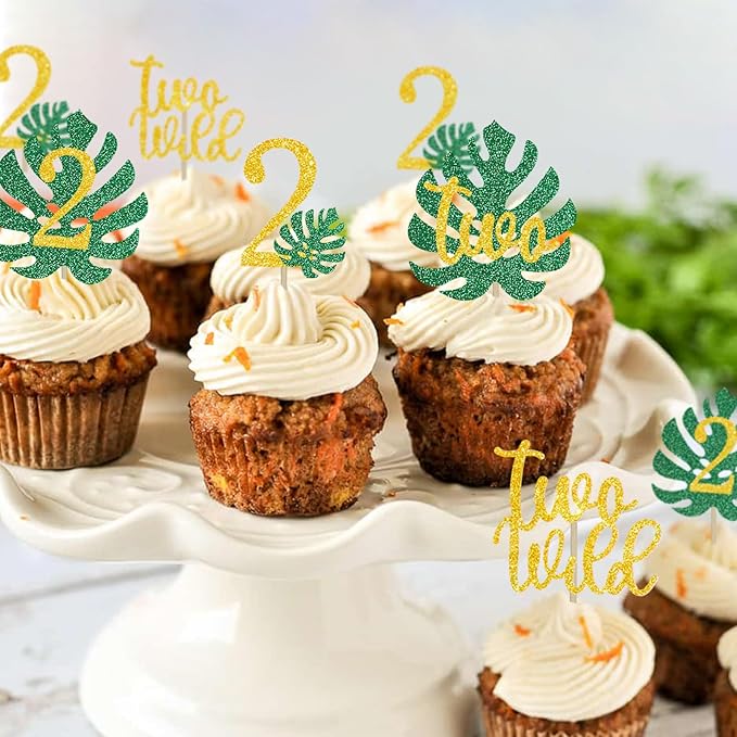 Safari Two Wild Cupcake Topper 2nd Tropical Leaf Birthday Party Jungle Animals Decorations Gold 2