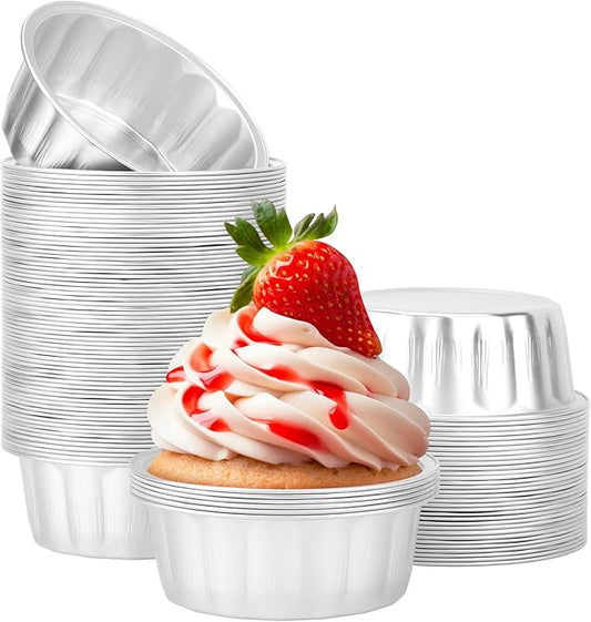 Beasea Aluminum Ramekins 8oz 100 Pack, Disposable Ramekins Foil Cups Baking 3.9" Ramekin Cup Cupcake Aluminum Mini Baking Cups for Party - Silver