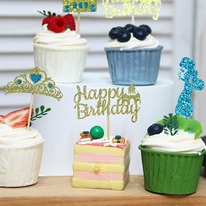 24Pcs Lake Blue Princess Cupcake Topper Glitter Castle Gold Happy Birthday Cupcake Toppers Crown Cake Decorations for Princess Birthday Baby Shower Costume Halloween Party Decor