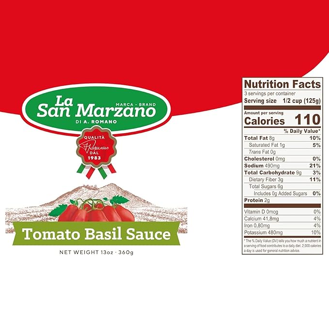 La San Marzano Tomato Basil Sauce, 13 oz, Pasta Sauce Made in Italy, All Purpose Tomato Premium Quality, All Natural, Mediterranean Diet, Non GMO, Vegan, Gluten Free