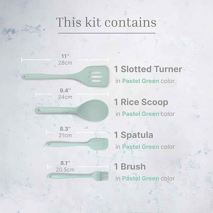 Silicone Utensils 4-Piece Set ??Rubber Spatula, Pastry Brush, Slotted Turner, and Rice Paddle ??Complete Heat-Resistant Set for Non-Stick Cookware ??Kitchen Tools for Cooking and Baking ??Pastel Green
