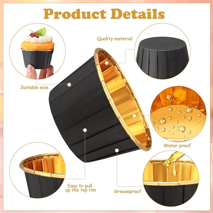 300 Pack Black Gold Cupcake Liners Bulk Disposable Foil Muffin Cups 3.5 oz Wrappers for Baking Aluminum Paper Mini Metallic Disposable Holiday Party Wedding Festival Supply