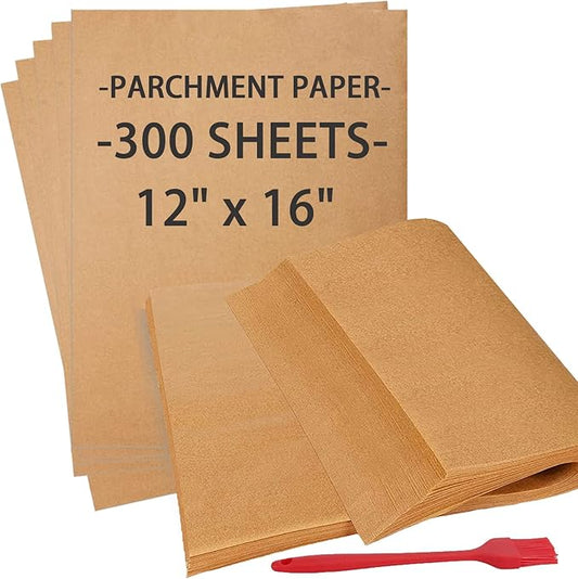 300 PCS Parchment Paper Sheets, YULEER 12x16 Inches Non-Stick Precut Baking Parchment with Silicone Brush, Unbleached Baking Sheets, Half Sheet for Baking Cooking Grilling Roasting, Bread Cookie Cake