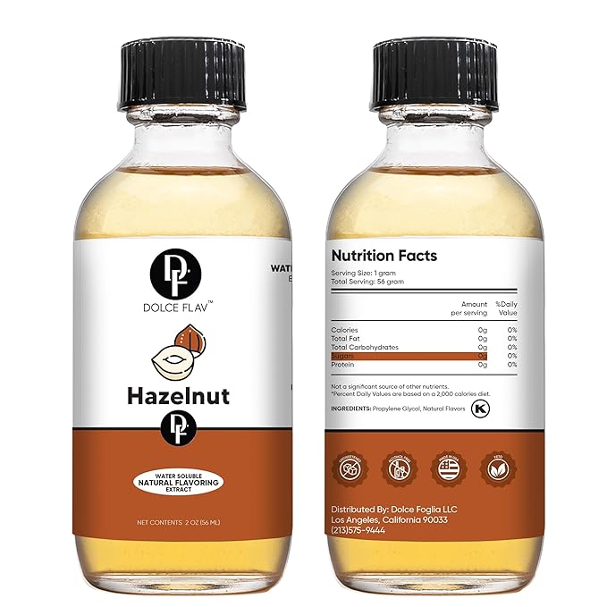 Dolce Flav Natural Hazelnut Extract ??2 Ounce Water-Soluble Kosher, Sugar-Free, Concentrated Toasted Hazelnut Flavoring for Coffee, Baking & Desserts, Includes Measured Dropper