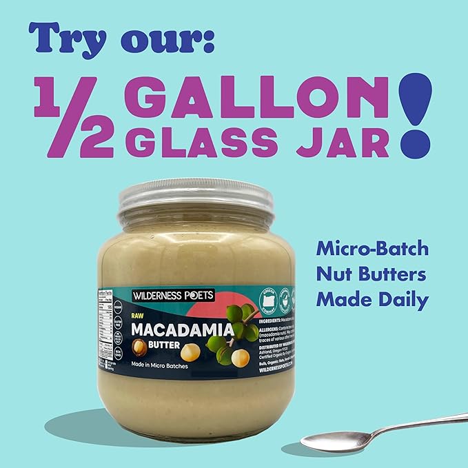 Wilderness Poets, Raw Macadamia Nut Butter - 3 Pack (8 Ounce Jars) - Vegan, No Salt - Glass Jars