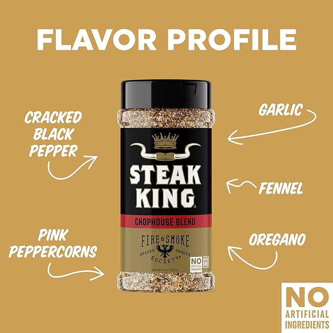 Fire & Smoke Society Steak King Steak Seasoning | BBQ Rubs for Smoking and Grilling Meat | Filet Mignon, Ribeye, Beef, Lamb and Burgers | BBQ Rubs and Spices | Black pepper, Fennel, Oregano, Pink Peppercorns | XL 11.5 oz