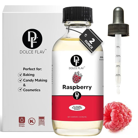 Dolce Flav Raspberry Extract ??2 Ounce Oil-Soluble Kosher, Sugar-Free, Concentrated Raspberry Flavoring for Chocolates, Candies & Baking, Includes Measured Dropper