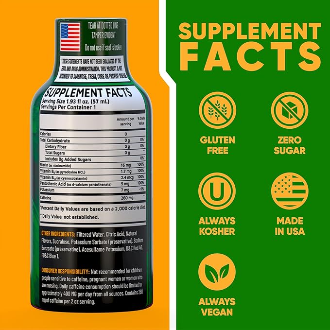 B12 Overload Extra Strength Energy Shot ??Grape ??260mg Caffeine, 14000% B12, Electrolytes ??Energy & Vitality Support ??Zero Sugar No Calories ??Vegan, Kosher, Gluten-Free ??1.93 fl oz, 12-Pack