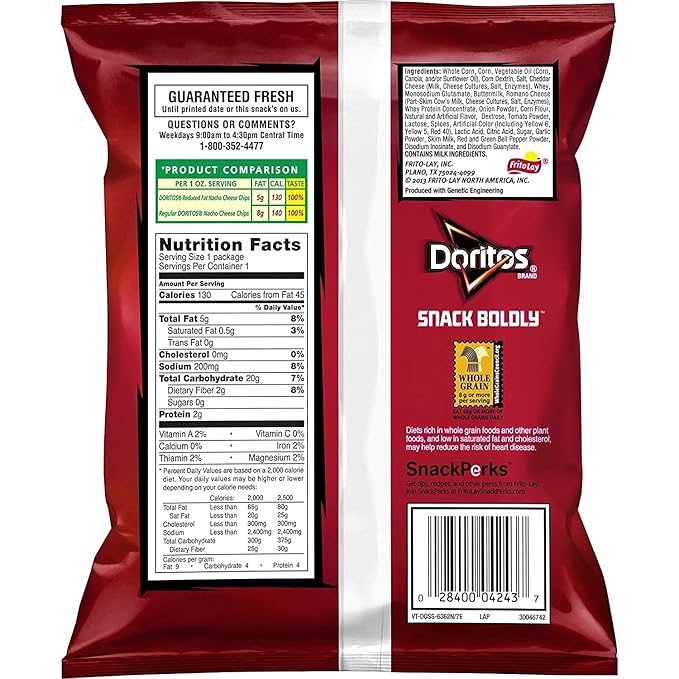 Doritos Flavored Tortilla Chips, Reduced Fat Nacho Cheese, 1 Ounce (Pack of 72)