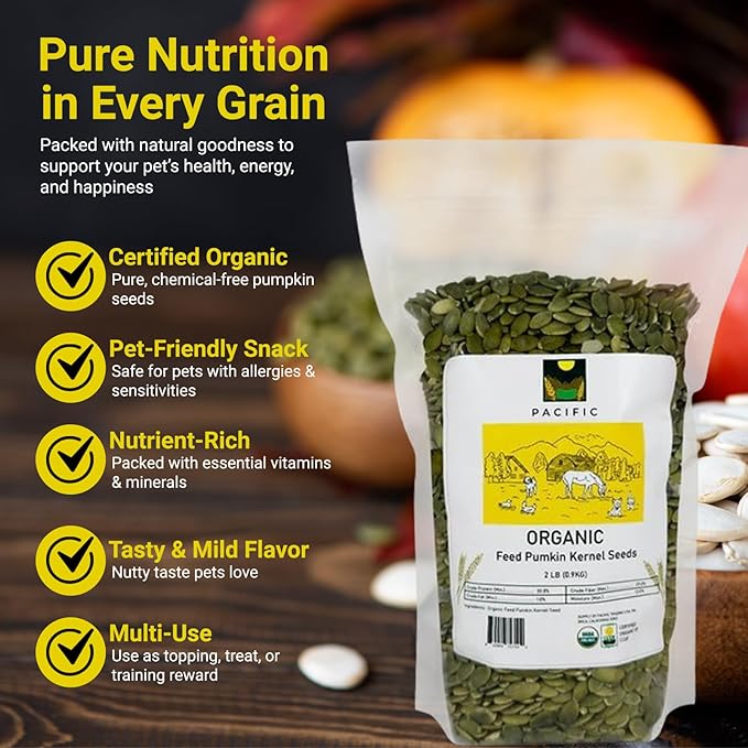PACIFIC Organic Petfood Organic Feed Pumpkin Kernel Seeds - Organic Pumpkin Seeds for Dogs | Rich with Fiber & Minerals | USDA and CCOF Certified | Packed in USA - 2Lbs