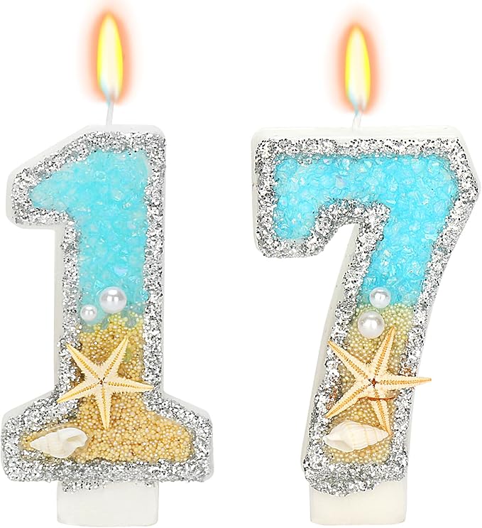 Birthday Candle for Cake, Beach Starfish Sequins Candles, 2.76 inch Cake Topper Decoration for Birthday Party (Number 17)