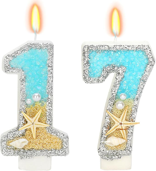 Birthday Candle for Cake, Beach Starfish Sequins Candles, 2.76 inch Cake Topper Decoration for Birthday Party (Number 17)