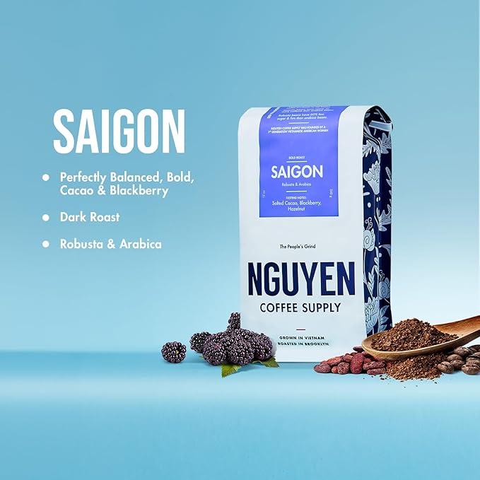 Nguyen Coffee Supply - Saigon Robusta & Arabica Blend: Dark Roast Premium Ground Coffee Beans, Vietnamese Single Origin, Direct Trade, Low Acid, High Caffeine, Roasted in Brooklyn [12 oz Bag]