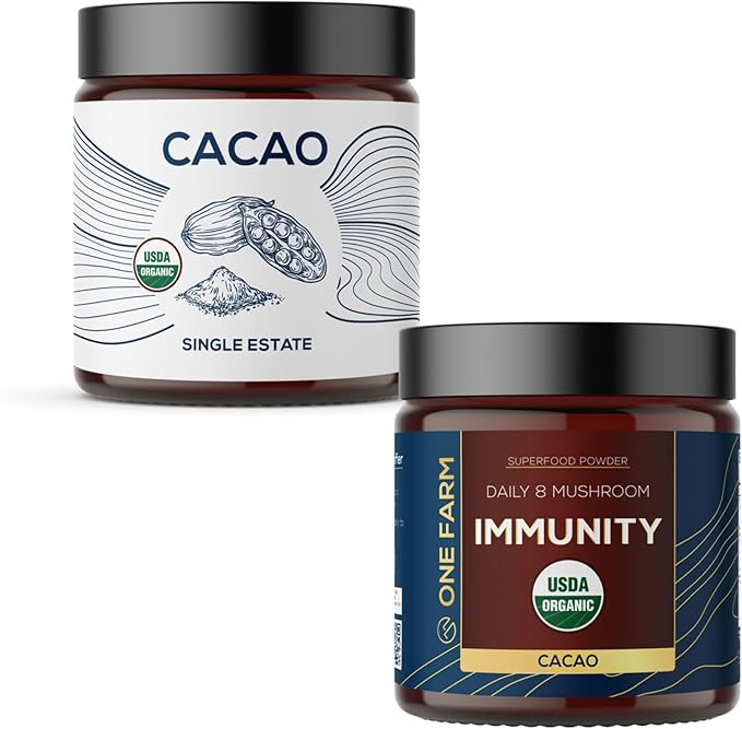 Organic Cacao & 8 Mushroom Immunity Powder ??Non-GMO, Vegan, Raw Rizek Cacao & Functional Mushrooms like Reishi, Chaga, Lion?™s Mane ??In Resealable Glass Jars