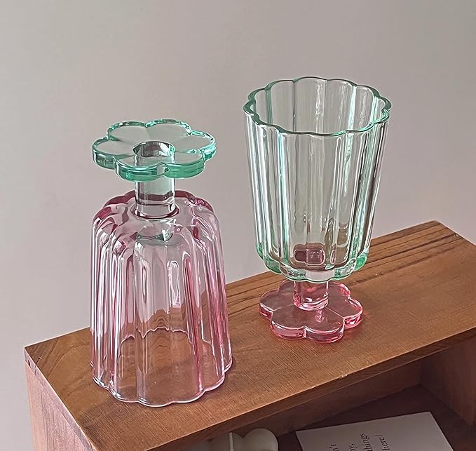 Tall Ripple Drinking Glasses Set of 2 (Pink & Green), Flower Petal Style Glass Goblet, Suitable for Juice, Ice cream, Cocktails, Dessert & More.