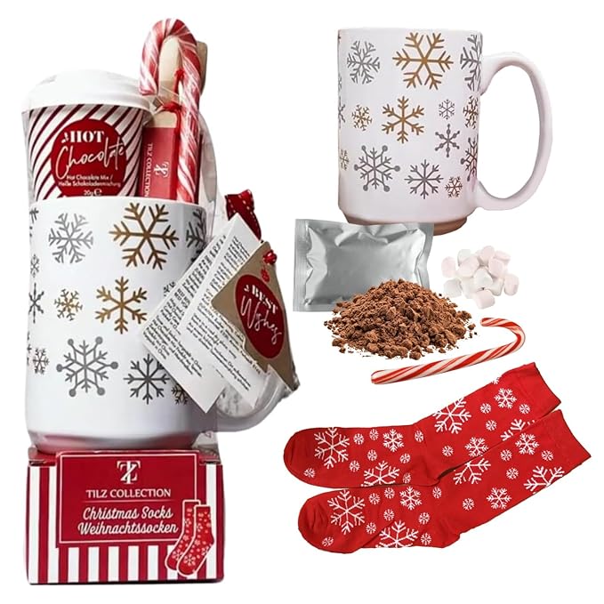 Hot Chocolate Gift Set With Mug - Hot Chocolate Set With Hot Chocolate Sachets - Mini Marshmallows, Candy Canes, Travel Cup - Gifts for Women, Mens Gifts - Vegan Chocolate Gift Set