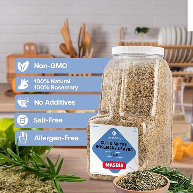 Dependable Food Rosemary Leaves Cut & Sifted - 3 Lb. Jar - Bulk, Kosher, Rosemary Herb for Chefs, Restaurants & Culinary Enthusiasts - Non-GMO, Gluten-Free Seasoning Perfect for Roasted Meats, Poultry, Vegetables & Savory Baked Goods