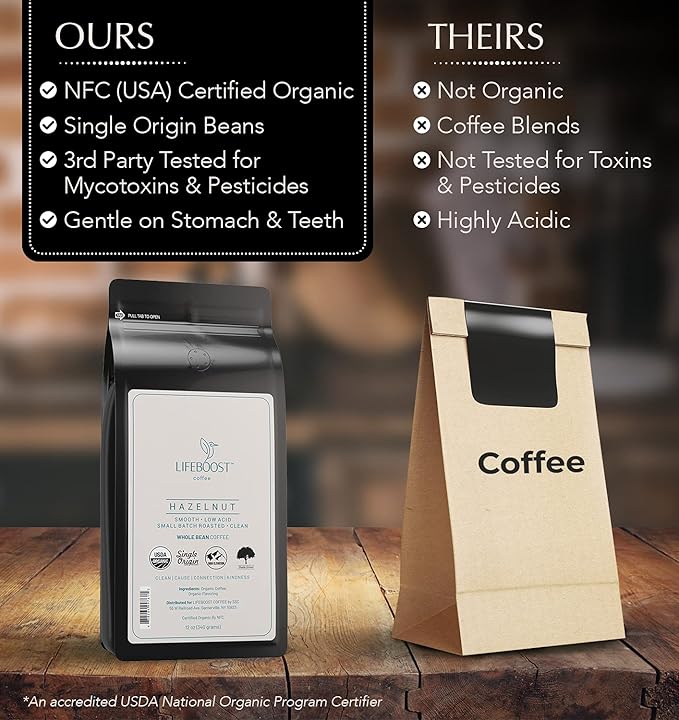 Lifeboost Hazelnut Whole Bean Coffee ??Organic, Low Acid, Non-GMO Hazelnut Flavored Coffee ??Single Origin, Mold-Free Mycotoxin Tested, 12 oz